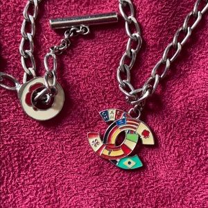 Vintage Chanel CC world flags silver tone necklace